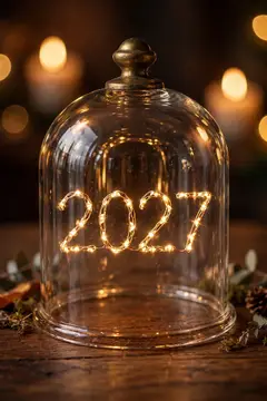 Стеклянный купол с гирляндой в виде цифр 2027 на деревянном столе