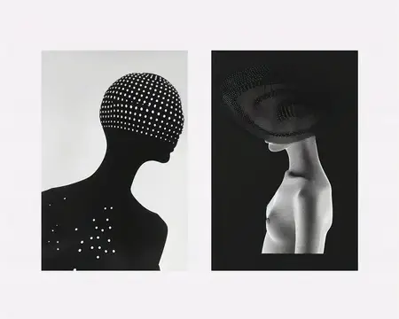 Черно-белый диптих с силуэтами женщин в точках