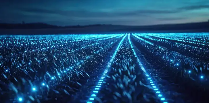 3D-рендер светящегося поля с синими огнями в сумерках