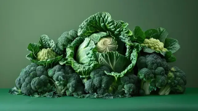 Композиция из брокколи, цветной и белокочанной капусты на зелёном фоне