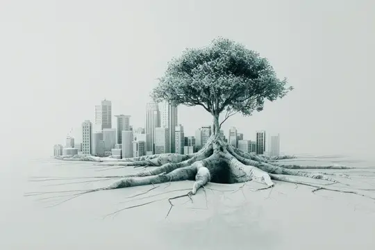 Иллюстрация с одиноким деревом с мощными корнями на фоне серого города
