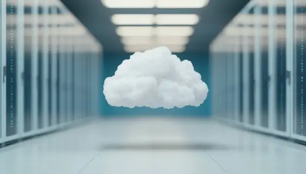 3D-рендер белого облака в проходе между серверными стойками