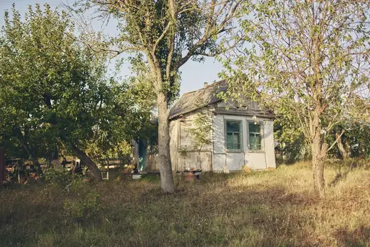 Старый деревянный дом с зелёными окнами в заросшем саду