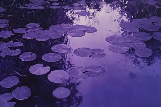 Листья кувшинок на фиолетовой воде пруда