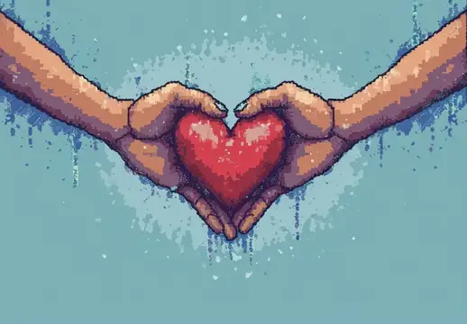 Пиксельная иллюстрация рук, складывающих сердце