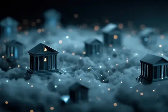 3D-рендер зданий с колоннами в облаках и светящихся сетях