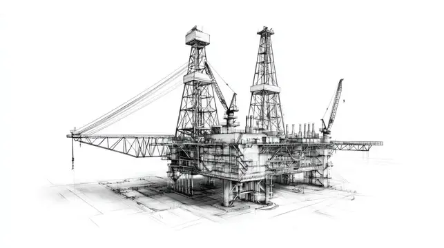 Карандашный набросок морской нефтяной платформы с кранами