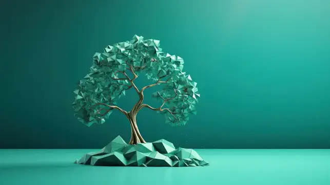 3D-рендер низкополигонального дерева с изумрудной кроной на бирюзовом фоне