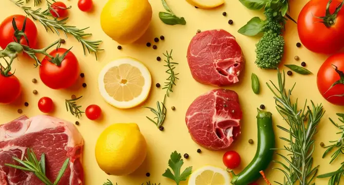 Свежие овощи, лимоны и куски сырого мяса на жёлтом фоне