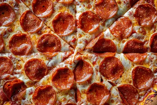 Пикантная пицца пепперони с хрустящей корочкой и насыщенным томатным соусом, покрытая слоями расплавленного сыра и острой пепперони, идеально подходит для вечеринок и повседневных обедов
