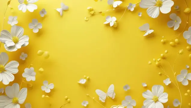 Композиция из белых бумажных цветов и бабочек на солнечном желтом фоне, вызывающая радость и весеннее настроение