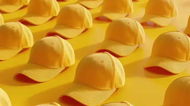 Несколько желтых бейсболок, выстроенных в ряд на ярком желтом фоне, 3D-изображение