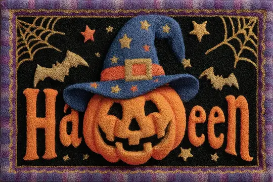 Коврик с тыквой в шляпе и надписью Halloween