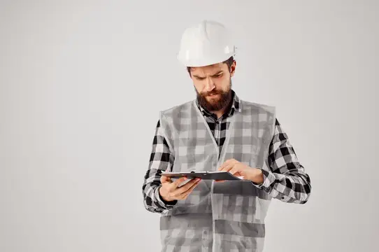 Строитель с документами и чертежами на светлом фоне