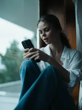 Молодая женщина сидит у окна и смотрит в смартфон