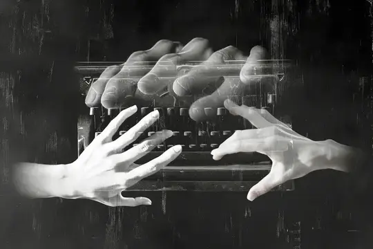 Черно-белая иллюстрация с руками над печатной машинкой
