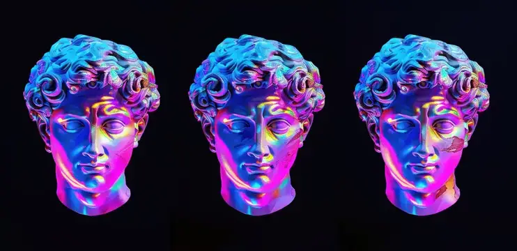 Три неоновые 3D-головы античных статуй в сиреневых и голубых оттенках