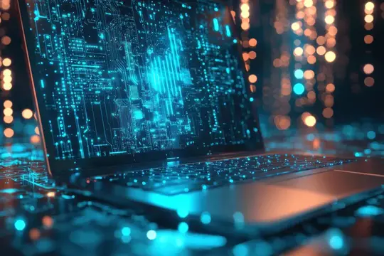 3D-рендер ноутбука с светящейся микросхемой на экране