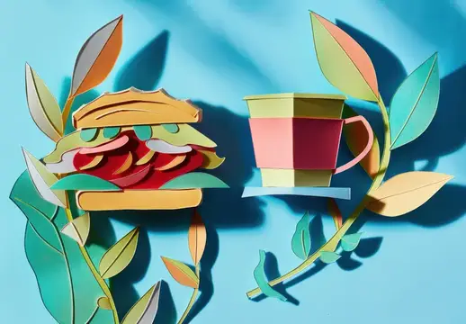 Бумажный сэндвич и чашка кофе в окружении листьев