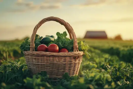 Плетёная корзина со свежими овощами на закате в поле