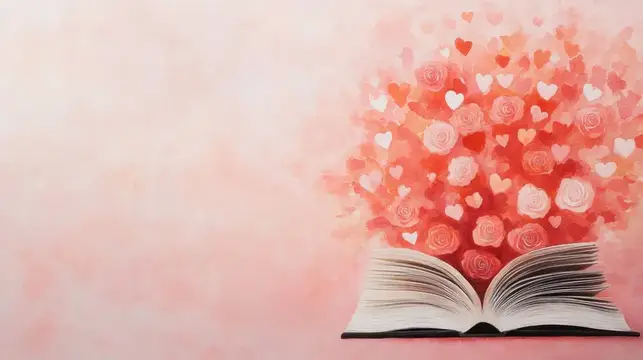 Иллюстрация с раскрытой книгой, из которой растут розы и сердечки
