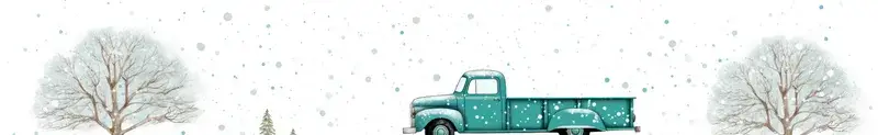 Иллюстрация с бирюзовым грузовиком среди заснеженных деревьев