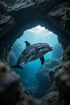 Дельфин плывёт сквозь каменную арку в бирюзовой морской воде