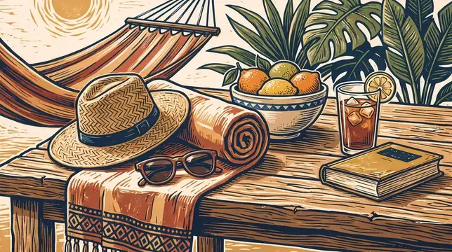 Иллюстрация с летними вещами на деревянном столе у гамака