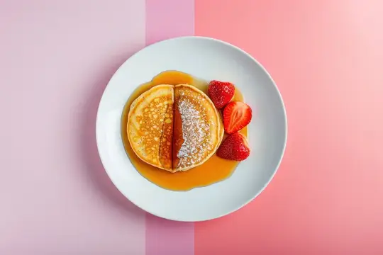 Пышные панкейки с клубникой и сиропом на розовом фоне