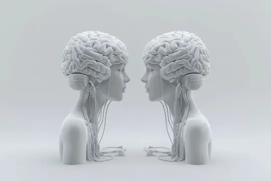 Футуристическое искусство, изображающее две человекоподобные головы со структурами мозга на безмятежном сером фоне, исследующее темы сознания и связи