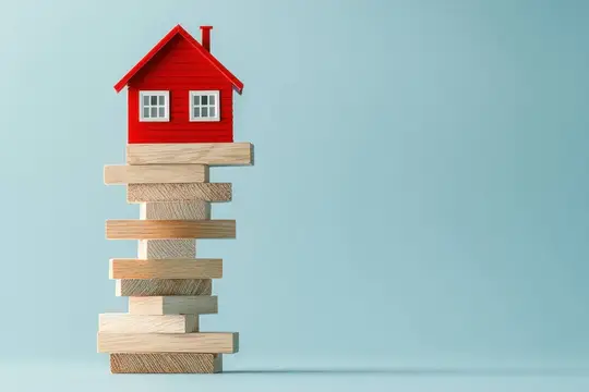3D-рендер красного домика на шаткой башне из деревянных брусков