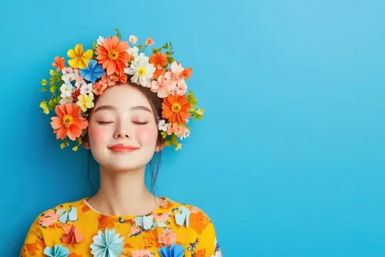 Молодая женщина с цветочным венком на голове на голубом фоне