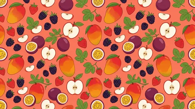 Бесшовный смешанный узор из фруктов и ягод на коралловом фоне, сочетающий тропические и умеренные фрукты в ярком плоском стиле для декора и упаковки