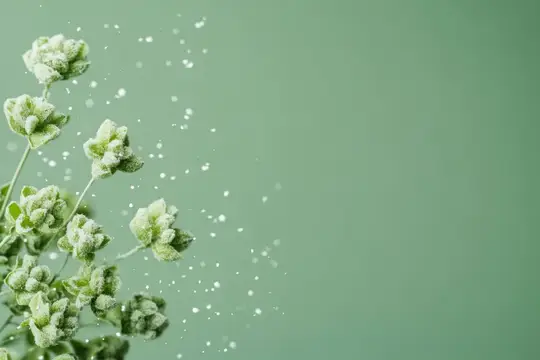 Заснеженные белые цветы на фоне мятно-зелёного фона с блёстками