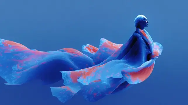 Сцена передает безмятежность, свободу и мечтательную фантазию, используя мягкие градиенты, воздушные текстуры и грациозное движение, чтобы вызвать воображение и побег от повседневной рутины