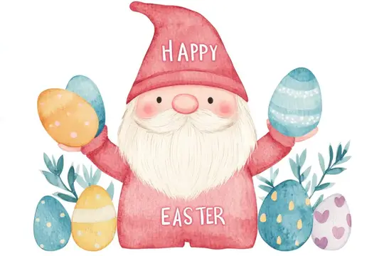 Иллюстрация с пасхальным гномом с яйцами и надписью Happy Easter