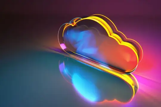 3D-рендер стеклянного облака с неоновой подсветкой на отражающей поверхности