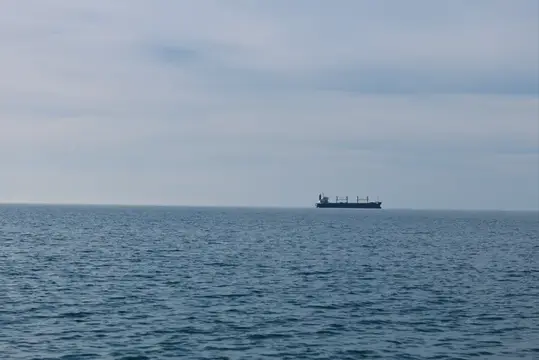 Грузовое судно на горизонте в пасмурный день