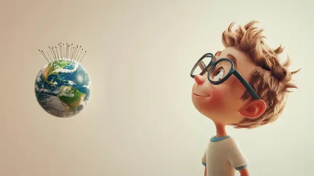 3D-иллюстрация мальчика в очках, смотрящего на маленькую планету Земля