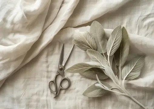 Веточка шалфея и винтажные ножницы на льняной ткани