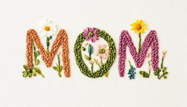 Надпись MOM из вязаных букв с цветами на белом фоне
