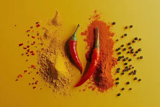 Художественная композиция из специй, включающая куркуму, паприку и черный перец, с акцентом на красные стручки чили на ярком желтом фоне, демонстрирующая насыщенные цвета и текстуры