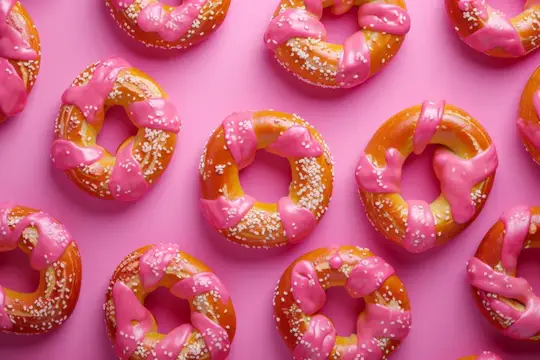Вкусные крендельки в розовой глазури на пастельно-розовом фоне, вид сверху, для дизайна