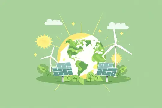Иллюстрация планеты Земля с солнечными панелями и ветряками