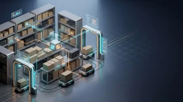 Гладкая 3D-сцена автоматизации склада: стеллажи, коробки, сканирующие ворота, тележки и абстрактные интерфейсы отслеживания