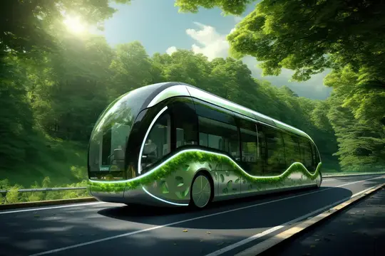 3D-рендер футуристичного автобуса с зелёным узором на лесной дороге