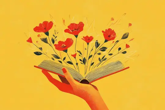 Иллюстрация с раскрытой книгой и красными маками на желтом фоне