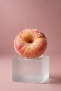 Спелый персик с каплями воды на матовом кубе