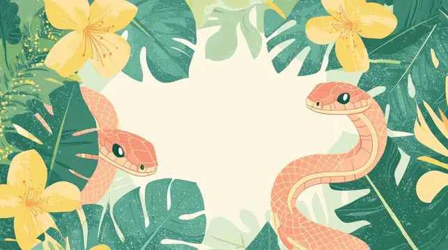 Иллюстрация с двумя розовыми змеями в тропических листьях и жёлтых цветах