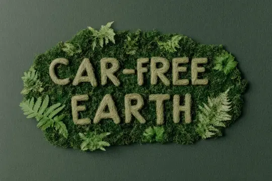 Яркая композиция с фразой "Car Free Earth", выполненной из сочной зеленой травы, подчеркивает экологичность и устойчивое развитие на фоне, вдохновленном природой